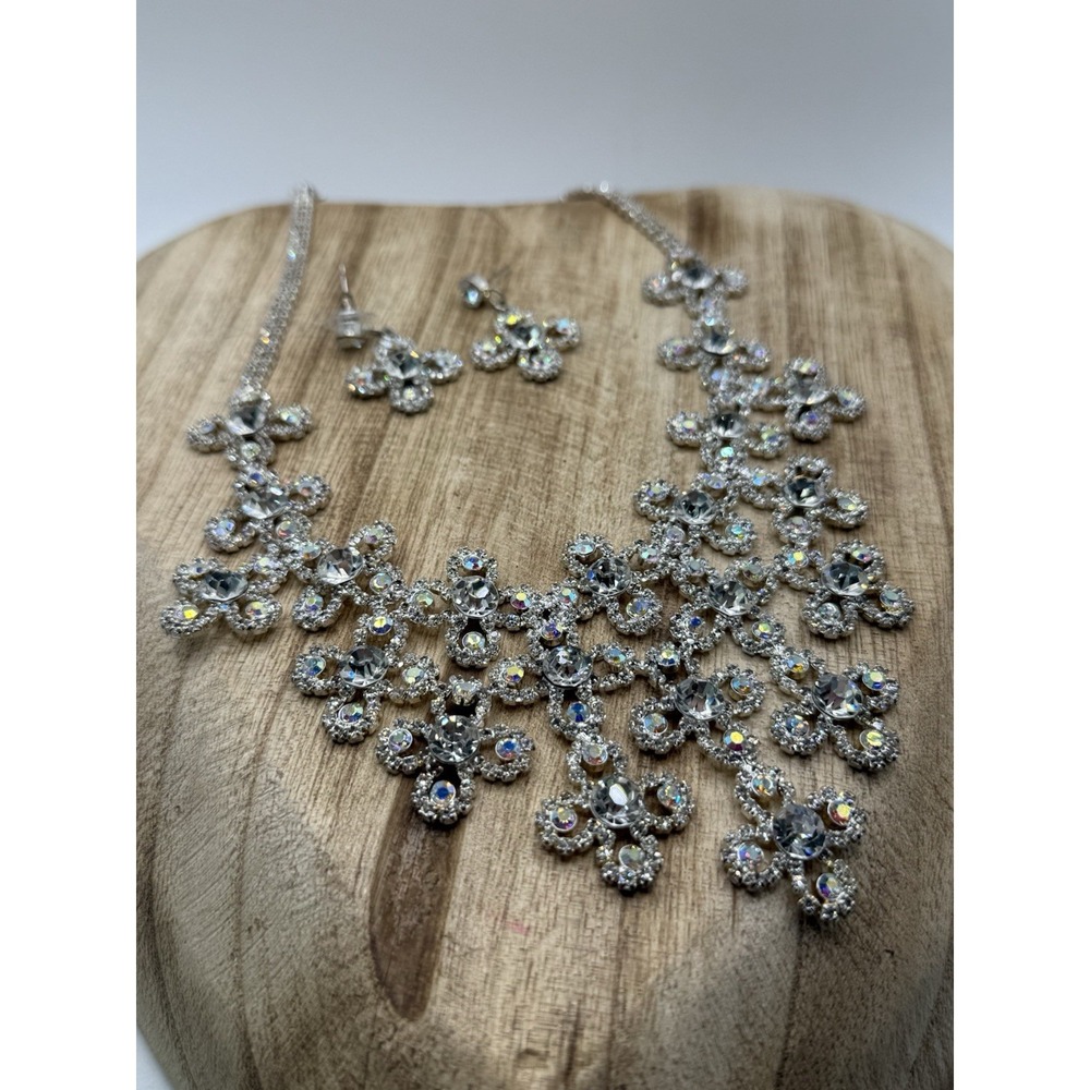 Y2K AB Rhinestone Floral Statement Necklace Set 20" Bridal Prom Earrings - Picture 2 of 4